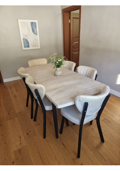 6 Kişilik Yemek Masa Takımı 1adet 80 X 130 Açılabilir Mdf Masa 6 Adet Elma Sandalye Krem - Traverten