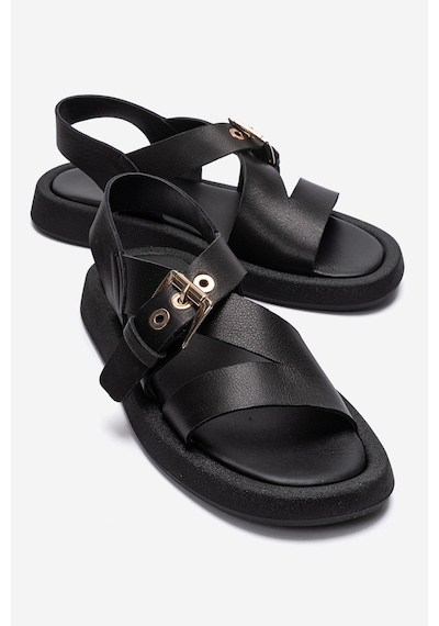 Luvishoes Rıven Siyah Cilt Hakiki Deri Tokalı Kadın Sandalet