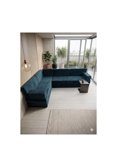 Premium Kadife Kumaş, Konforlu Yer Kanepesi ,modüler Şark Köşesi Takımı - Mavi - 40 Cm- L Set
