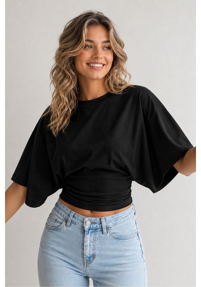 Overmax Bele Oturan Oversize Kollu Premium Crop Bluz Siyah - 880759104 Siyah