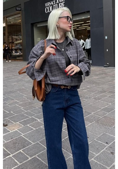 Seeh Gri Oversize Ekose Desenli Kadın Gömlek Sh334 Ekoseli