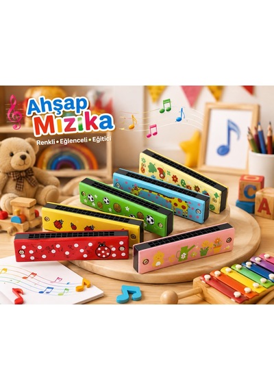 2 Adet Çocuklar İçin Ahşap Mızıka Çocuk Oyuncağı Renkli Desenli Müzik Aleti Eğitici Eğlenceli Hediye
