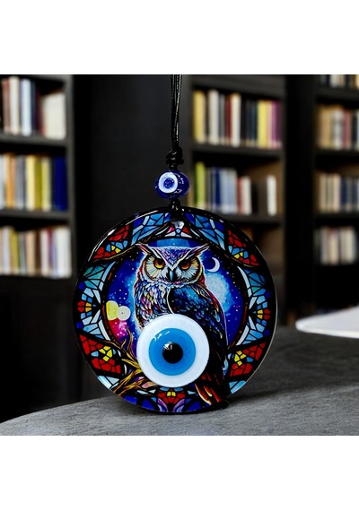 Baykuşlu Gece Desenli 12 Santimetre Füzyon Cam Duvar Süsü 12x12cm