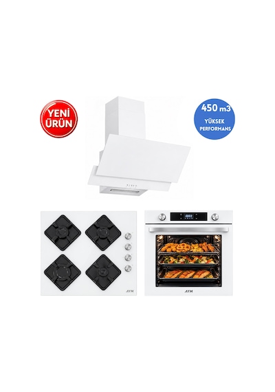 Alveus AFM Serisi Ug-21 Beyaz Cam Turbo + Soğutma Dijital Dokunmatik 3'Lü Ankastre Set Fırın + Ocak + Davlumbaz