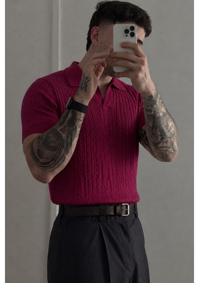 Tarz Cool Erkek Old Money Örgü Polo Yaka Triko Tişört Bordo