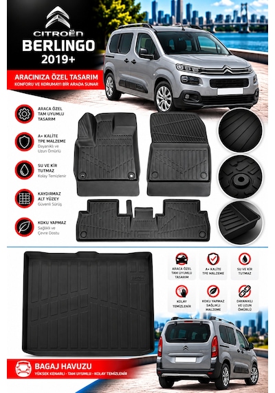 Citroen Berlingo 2021 Model Havuzlu Paspas Takımı + Bagaj Havuzu -modx-