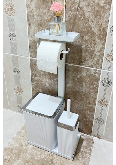 6 Parça Banyo Seti Çöp Kovası, Wc Fırça, Tuvalet Kağıtlık, Diş Fırçalık, Sıvı Sabunluk, Sabunluk Beyaz - Krom