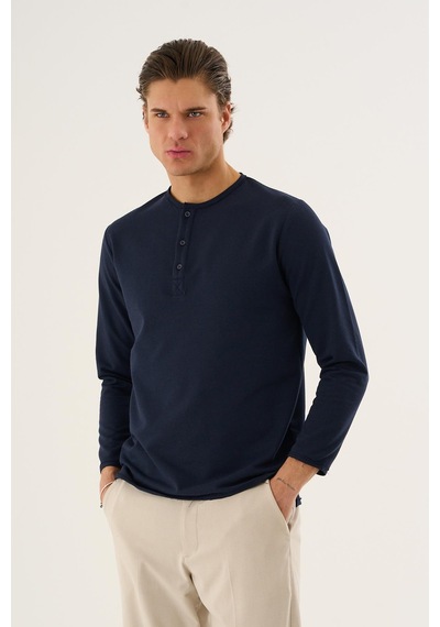Alexandergardi Waffle Kumaş Düğmeli Yaka Uzun Kollu Sweatshirt Lacivert
