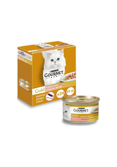 Gold Parça Etli Soslu Somonlu Tavuklu Kedi Konservesi 85 Gr X 24 Adet