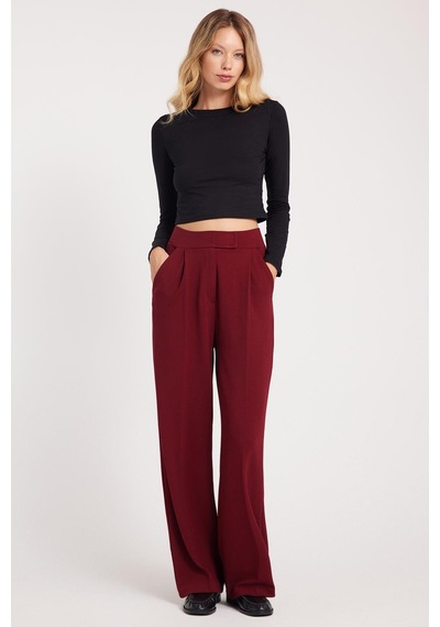 Tudors Kadın Regular Fit Klasik Kesim Cırt Kapamalı Geniş Paça Bordo Pantolon-39576 Bordo