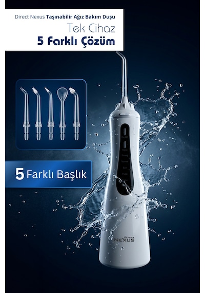 Şarjlı Taşınabilir Ağız Duşu 5 Başlıklı 5 Modlu Ipx7 350 Ml Beyaz
