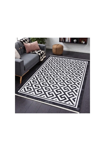 Modern Siyah Beyaz Geometrik Kilim Kaymaz Taban, Yıkanabilir, Salon & Oturma Odası Siyah Siyah