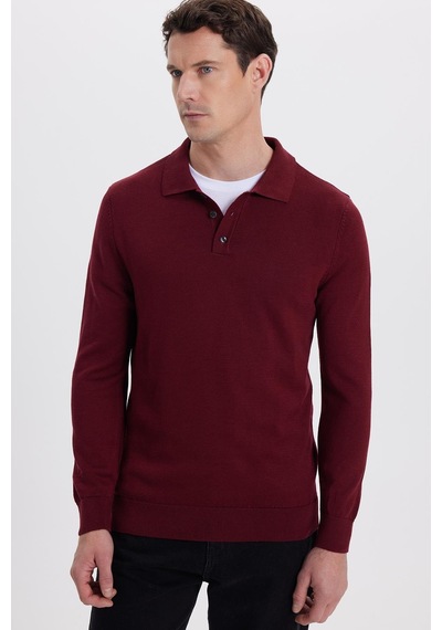 Tudors Erkek Standart Fit Normal Kesim Pamuklu Polo Yaka Bordo Kazak-41883 Bordo