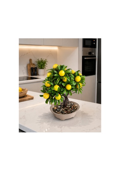 Premium Gerçekçi Yapay Limon Bonsai Ağacı - 24 Cm Dekoratif Saksılı Yapay Bitki Sarı Sarı