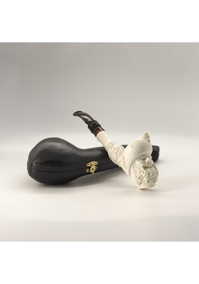 El Oyması Lületaşı Korsan Figürlü Uzun Pipo Kuru Kafa Kabartmalı, Akrilik Ağızlıklı Meerschaum
