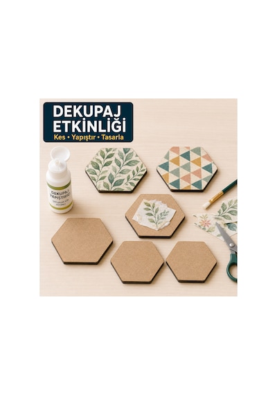 Arliadesign Çukurova Ahşap Lazer Kendin Yap 6 Lı Altıgen Bardak Altlığı Seti Standlı 10x10 Cm Ham Mdf