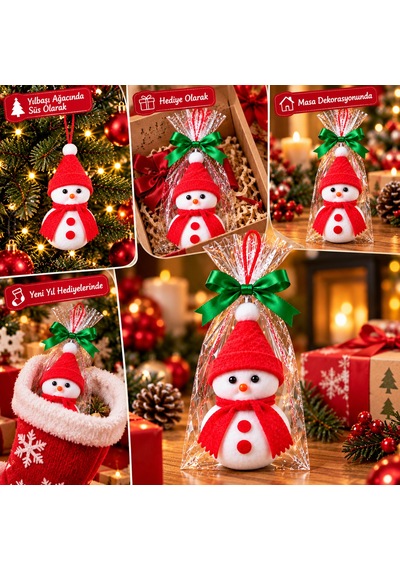 Bakgelal Yılbaşı Ağacı Süsü Kardan Adam Figürlü 16 Cm Keçe Şapkalı Ve Atkılı Asılabilir Dekoratif Süs Kırmızı Şapkalı - 9014074930881