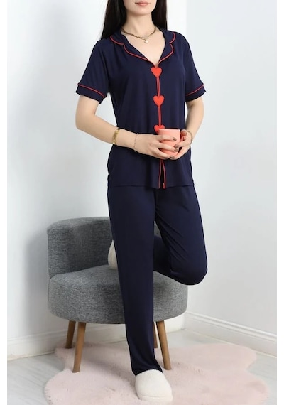 Seka Store Seka Kalp Nakışlı Biyeli Viskon Pijama Takım Lacivert - 40564.1857. Çok Renkli