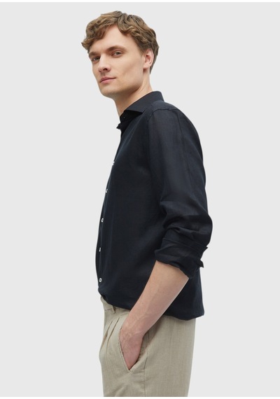 Ramsey Siyah Düz Casual Fit Uzun Dokuma Casual %100 Keten Gömlek