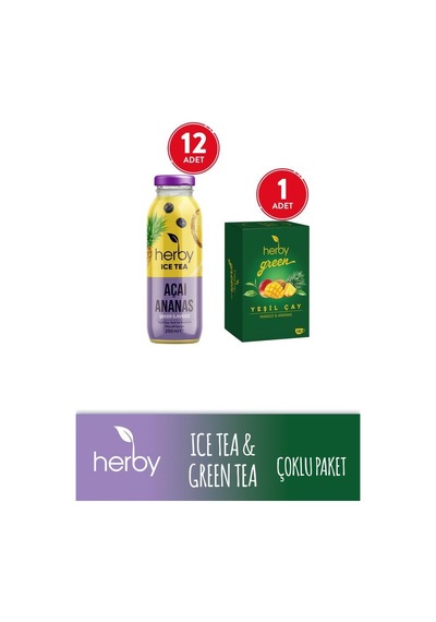 Herby Ice Tea Açai Ananas 12'li Şeker İlavesiz Soğuk Çay + Yeşil Çay Mango Ve Ananas 18'li
