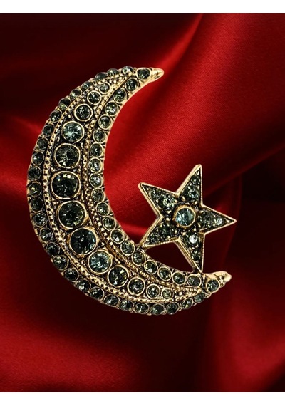 Ayyıldız Hematit Zirkon Taşlı Yarımay Antik Broş Çok Renkli