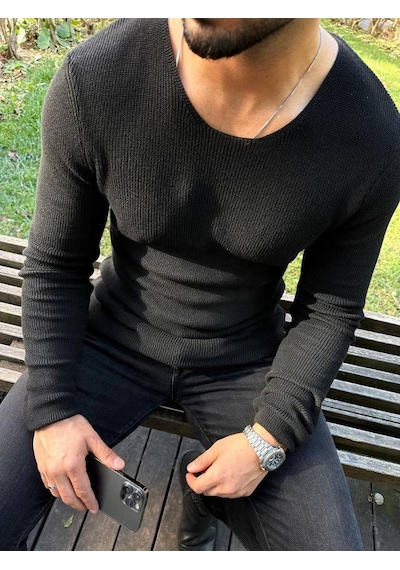 Elku Moda Kazak Örme Tüylenmez Naturel Pamuk Kazak Slim Fit Triko Dar Kesim Body Kazak Siyah