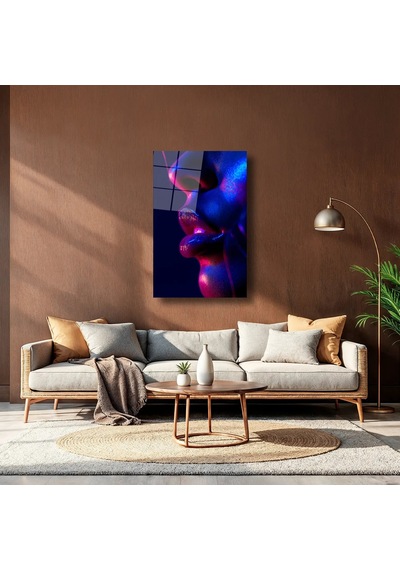 Neon Kadın Yüz Detayı Cam Tablo Neon Işıklı Modern Portre 50x70