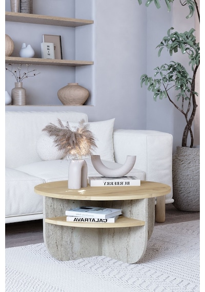Rubo Orta Sehpa Raflı İskandinav Orta Sehpa 72 Cm, Bohem - Safir Meşe & Traverten