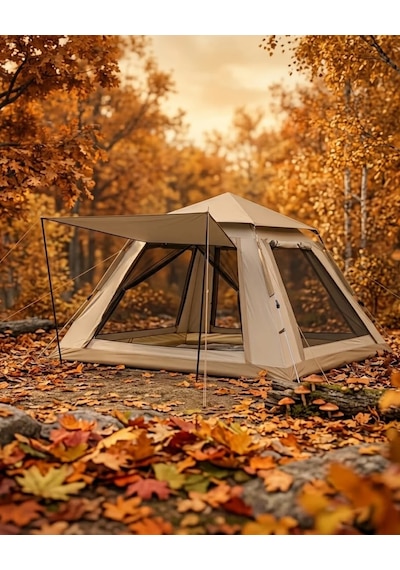 Otomatik Kamp Çadırı 240x240x160 Cm 6 Kişilik Geniş Hacimli Güneşlikli Bej