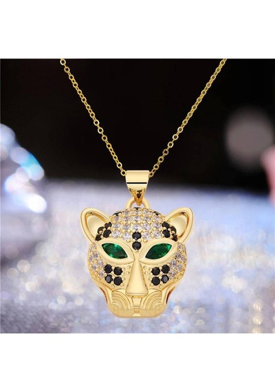 Kadın Taş Detaylı Panter Kafası Model Çelik Kolye Gold Çelik