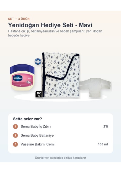 Yenidoğan Hediye Seti 3 Parça: İç Zıbın + Battaniye + Vaseline Bakım Kremi - Mavi