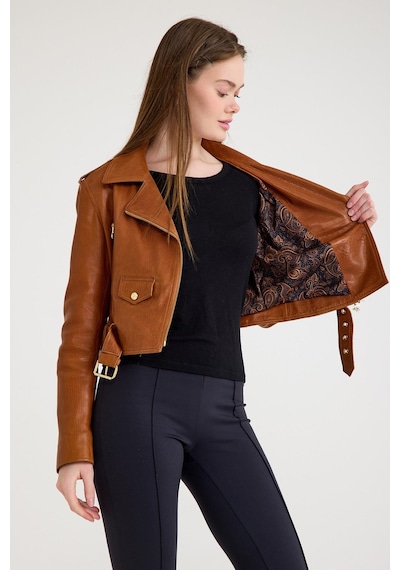 Fit Biker Kısa Bayan Deri Ceket Vb-1 Bk-2581 - 23489 Viski