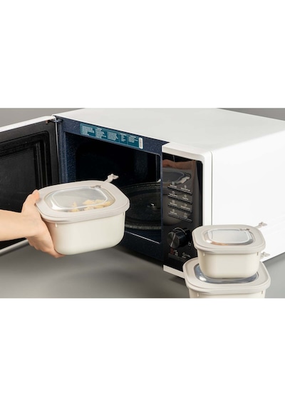 3lü Mikrodalga Ve Difriz Kullanımına Uygun Vakumlu Sızdırmaz Saklama Kabı Seti 600-1100-1800 Ml Bej