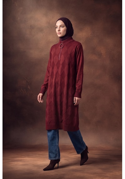 Armine Trend Baklava Desenli Fermuar Yaka Uzun Triko Tunik Bordo 25ktd4112