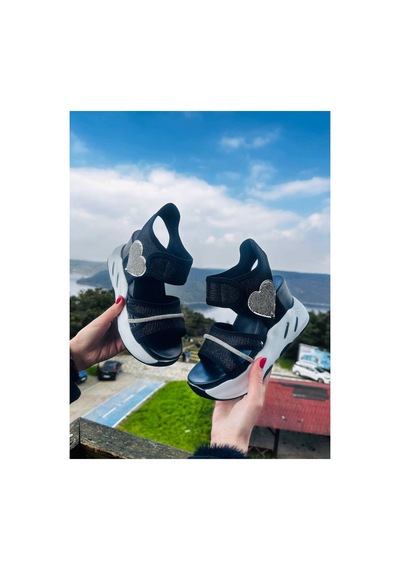 Lady Kadın Siyah Beyaz Dolgu Topuklu Spor Sandalet Taşlı siyah