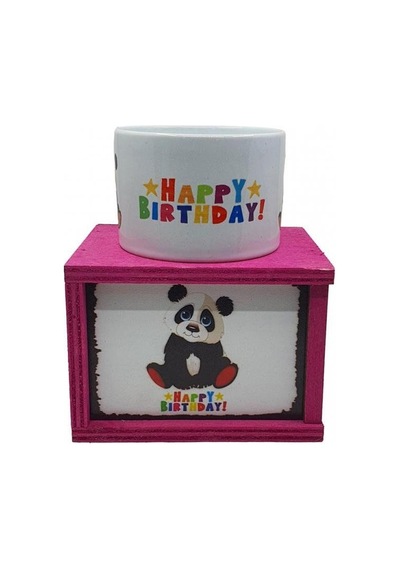 Panda Happy Birthday Doğum Günü Konsept Ahşap Kutulu Kupa Bardak