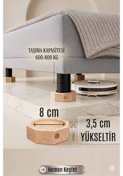 Robot Süpürge İçin Ahşap Baza Yükseltici 3,5cm Yükseltir, Çap.8 Oyuklu Takoz 1 Adet