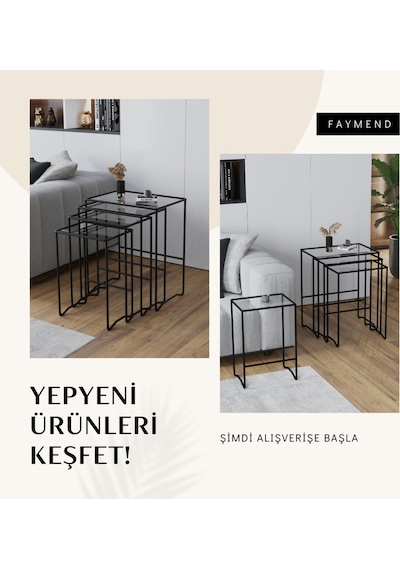 Faymend Mimoza 4 Lü Zigon Sehpa, Metal Sehpa, Cam Sehpa 'siyah - Şeffaf' Siyah - Şeffaf