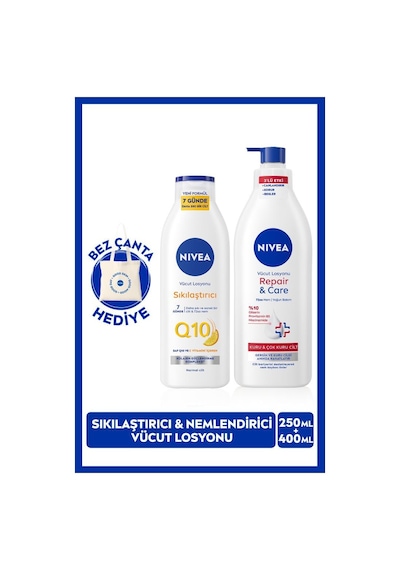 Q10 Sıkılaştırıcı Vücut Losyonu 250ml Ve Repair Care Nemlendirici Losyon 400ml, Kuru Cilt, Çantalı