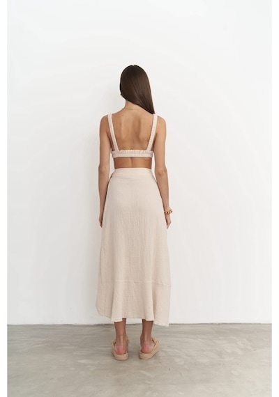 Mai Collection Mai Studios Co. Adelina Koyu Bej Müslin Crop-etek Takım Koyu Bej