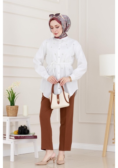 Sevitli Monako Yaka Taşlı Tunik-beyaz-4966 Beyaz
