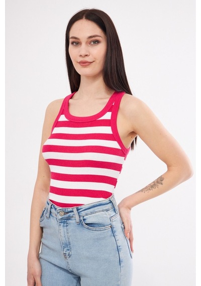 Mea Capio Kadın Çizgili Fitilli T-shirt Halter Yaka Örme Atlet Pembe - Pembe