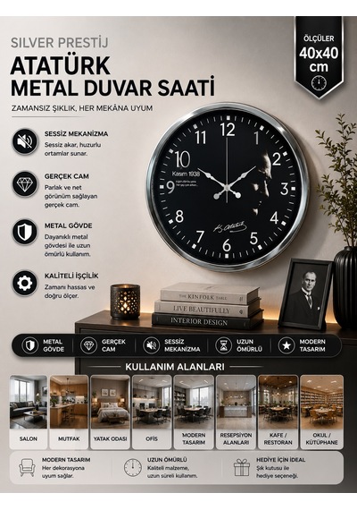 Silver Prestige Atatürk 40 Cm Metal Krom Duvar Saati