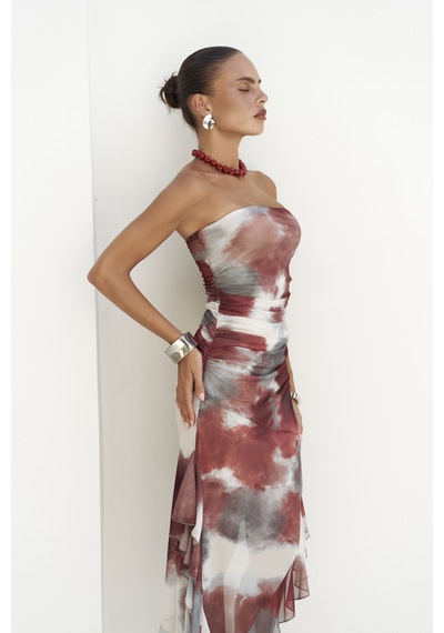 Mai Collection Mai Studios Co. Stracnaha Drape Detaylı Bordo Straplez Elbise Bordo