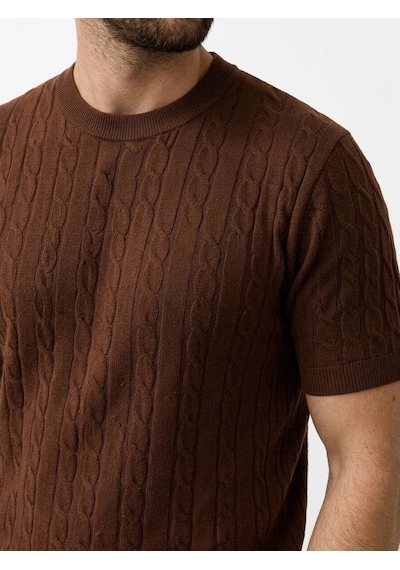 Erkek Yazlık Triko Dokuma Tişört Kısa Kol Bisiklet Yaka Örgü Desenli T-shirt - Kahverengi