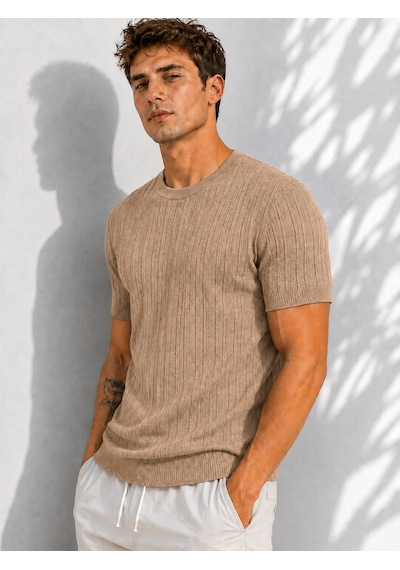 Ribana Erkek Bisiklet Yaka Kısa Kollu Esnek Örme Triko T-shirt 26091 A.kahve