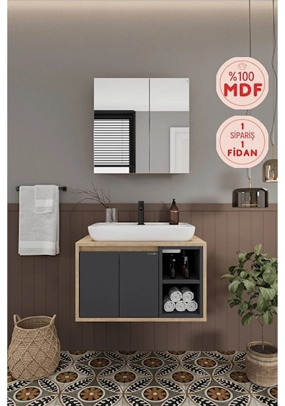 Lale 70 Cm %100 Mdf Lavabolu Banyo Dolabı + Aynalı Dolap Antrasit Lale 70 Cm %100 Mdf Lavabolu Banyo Dolabı + Aynalı Dolap Antrasit