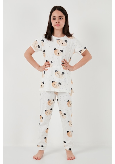 Lela % 100 Pamuk Bisiklet Yaka Kısa Kollu Kız Çocuk Pijama Takımı 6651002 Ekru