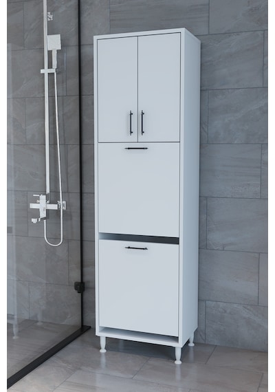 Makbulce Nergiz Beyaz Ve Renkli Kirli Çamaşır Sepetli Çok Amaçlı Banyo Dolabı Beyaz