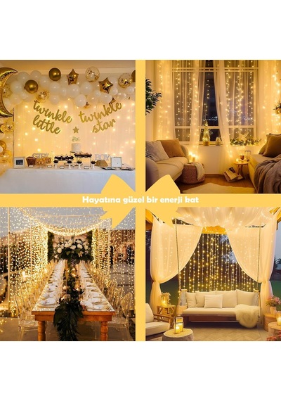 Light Home 300 Led Işık Perdesi 3x3 Metre Sıcak Beyaz Usb Bağlantılı 8 Farklı Işık Modlu Dekoratif Perde Led I Diğer